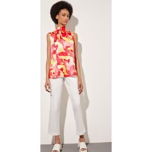 Ming Wang Smocked Mock Neckline Blouse - Crepe de Chine, Multi-Color Medium